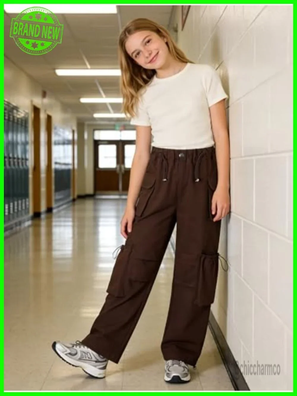 Girls Cargo Pants Multi-Pocket Straight Leg Elastic Waist Streetwear Hip Hop - Picture 5 of 7